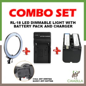 Combo Buy RL-18 LED Ring Light 5500K Photography Dimmable Ring Lamp, runs on direct current and battery + Battery Charger + Battery 